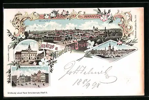 Lithographie Nem. Brod, Radnice, Namesti a Havlickuv dum, Panorama