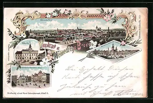 Lithographie Nem. Brod, Radnice, Namesti a Havlickuv dum, Panorama