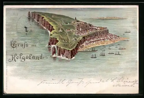 Lithographie Helgoland, Inselansicht aus der Vogelschau