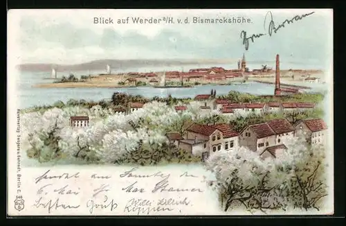 Lithographie Werder, Blick von der Bismarckshöhe