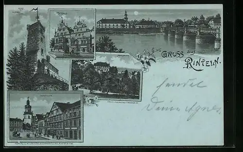 Mondschein-Lithographie Rinteln, Marktplatz, Klippenturm, Rathaus