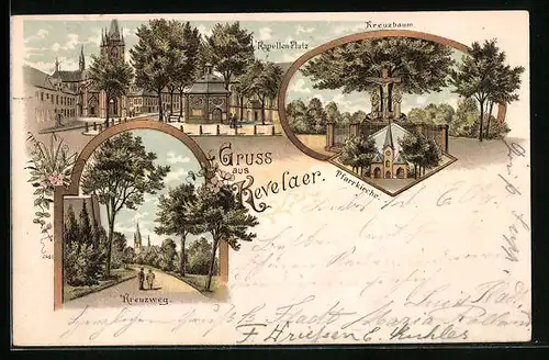 Lithographie Kevelaer, Kreuzbaum, Kapellen-Platz, Pfarrkiche