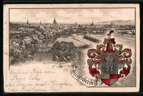 Passepartout-Lithographie Hildesheim, Ortsansicht aus der Vogelschau, Wappen