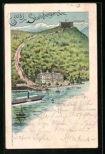 Lithographie Starnberg, Starnberger See, Rottmannshöhe, Drahtseilbahn, Dampfer