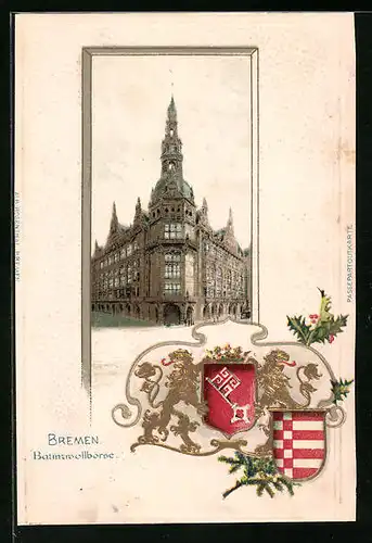 Passepartout-Lithographie Bremen, Frontalansicht der Baumwollbörse, Wappen