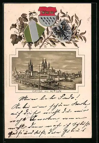 Passepartout-Lithographie Köln, Ortsansicht vom Rhein aus