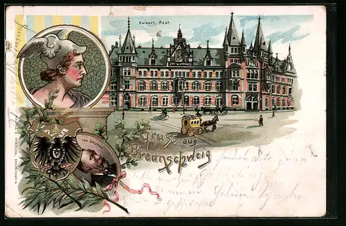 Lithographie Braunschweig, Kaiserliche Post mit Wappen und Götterbote Hermes