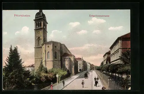 AK Pforzheim, Erbprinzenstrasse mit Kirche