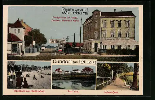 AK Gundorf bei Leipzig, Restaurant Warteburg, Rodelbahn und Luisen-Quelle