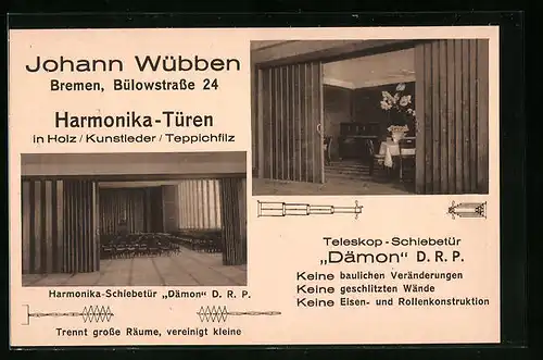 AK Bremen, Johann Wübben, Harmonika-Schiebetüren Dämon D.R.P., Bülowstrasse 24