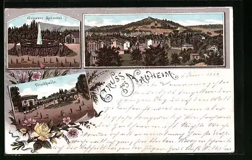 Lithographie Nauheim, Trinkhalle, Grosser Sprudel, Panorama