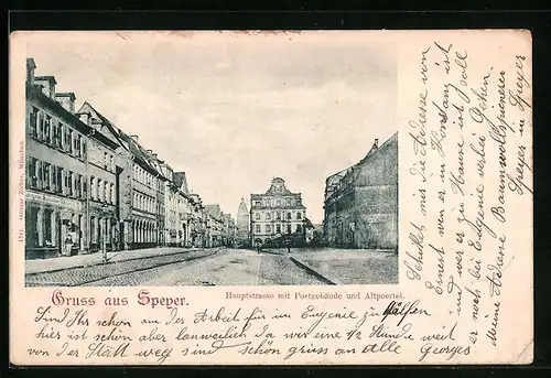 AK Speyer, Hauptstrasse mit Postgebäude und Altpoertel