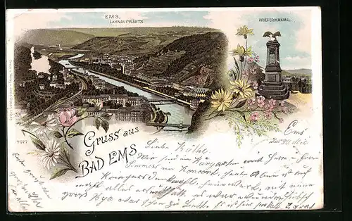 Lithographie Bad Ems, Kriegerdenkmal und Ortsansicht