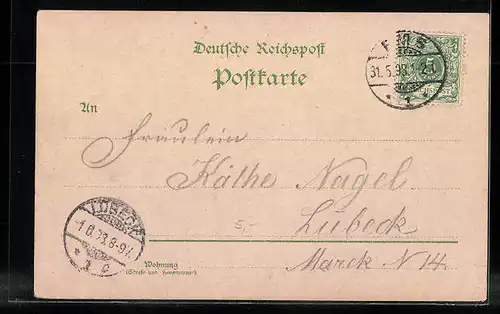 Lithographie Bad Ems, Kriegerdenkmal und Ortsansicht