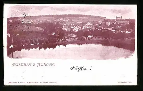 AK Horovice, Ortsansicht vom See aus