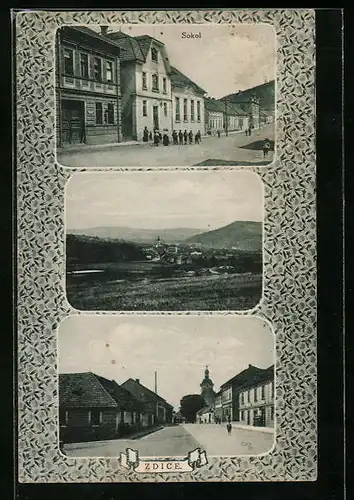AK Zdice, Verschiedene Ansichten der Ortschaft