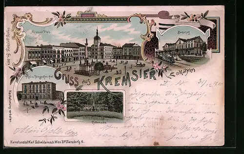 Lithographie Kremsier, Grosser Platz, Bahnhof, Collonade