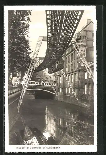 AK Wuppertal-Elberfeld, Flusspartie mit Schwebebahn