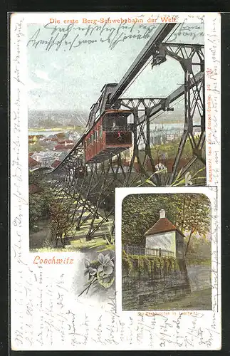 AK Loschwitz, Ortspartie mit Schwebebahn, Schillerhäuschen