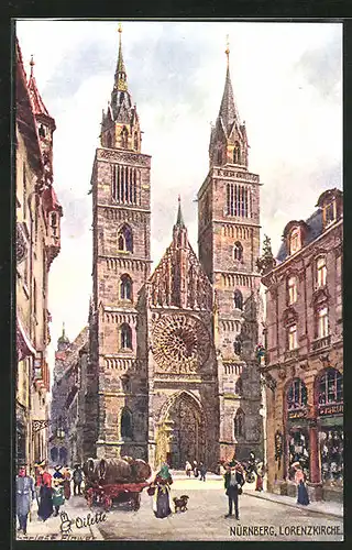 Künstler-AK Charles F. Flower: Nürnberg, Passanten vor der Lorenzkirche