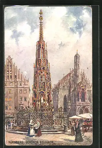 Künstler-AK Charles F. Flower: Nürnberg, Markt am Schönen Brunnen