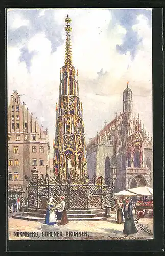 Künstler-AK Charles F. Flower: Nürnberg, Markt am Schönen Brunnen