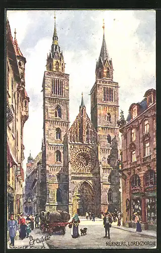 Künstler-AK Charles F. Flower: Nürnberg, Passanten vor der Lorenzkirche