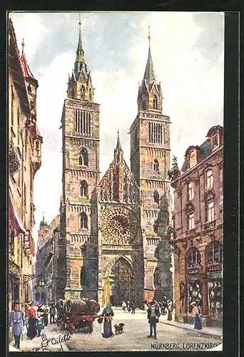 Künstler-AK Charles F. Flower: Nürnberg, Passanten vor der Lorenzkirche