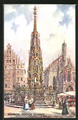 Künstler-AK Charles F. Flower: Nürnberg, Markt am Schönen Brunnen