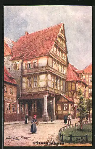 Künstler-AK Charles F. Flower: Hildesheim, Strassenpartie mit Pfeilerhaus