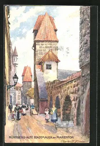 Künstler-AK Charles F. Flower: Nürnberg, Alte Stadtmauer am Marientor