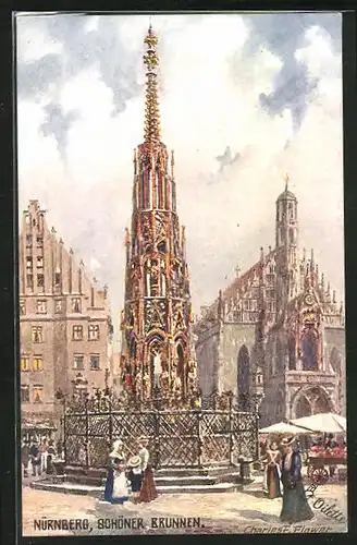 Künstler-AK Charles F. Flower: Nürnberg, Passanten vorm Schönen Brunnen