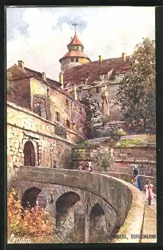 Künstler-AK Charles F. Flower: Nürnberg, Passanten auf dem Weg zum Burgeingang
