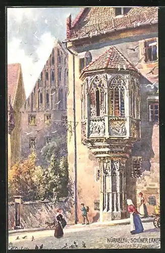Künstler-AK Charles F. Flower: Nürnberg, Strassenpartie mit dem schönen Erker