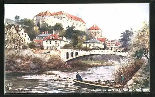 Künstler-AK Charles F. Flower: Tübingen, Uferblick auf die Aleenbrücke und das Schloss