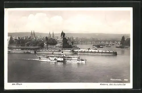 AK Koblenz am Rhein, Kaiser Wilhelm-Denkmal am deutschen Eck mit Dampfer