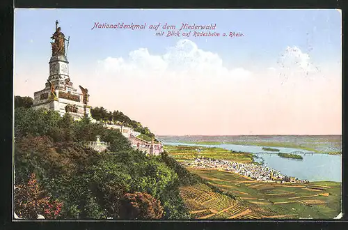 AK Rüdesheim a. Rhein, Nationaldenkmal auf dem Niederwald mit Blick auf den Ort