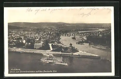 AK Koblenz, Blick vom Ehrenbreitstein auf das Deutsche Eck mit Dampfer