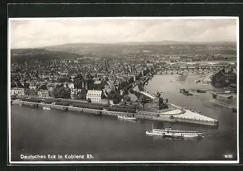 AK Koblenz /Rh., Deutsches Eck mit Kaiser-Wilhelm-Denkmal und Dampfern