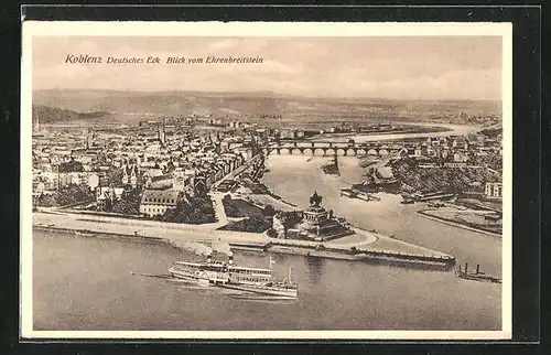AK Koblenz, Deutsches Eck mit Dampfer, Blick vom Ehrenbreitstein