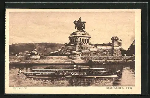 AK Koblenz, Deutsches Eck mit Kaiser-Wilhelm-Denkmal und Dampfer