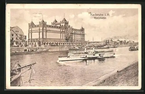 AK Karlsruhe i. B., Dampfer im Rheinhafen