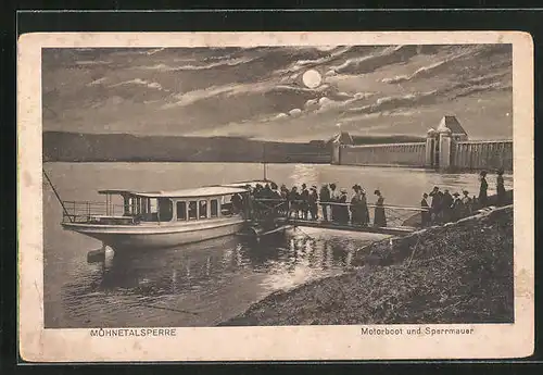 AK Möhnesee, Möhnetalsperre, Motorboot und Sperrmauer bei Mondschein