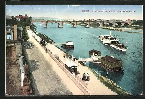 AK Pirna, Elbrücke-Dampfschifflandeplatz, Pier