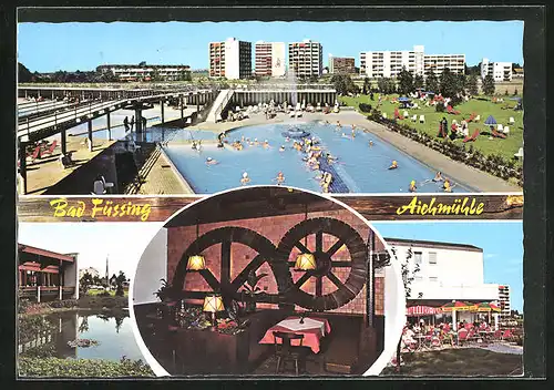 AK Bad Füssing /Ndb., Restaurant Café Aischmühle am Johannesbad, Innenansicht, Teich