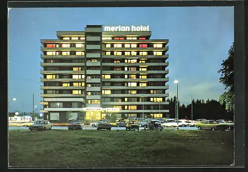 AK Krefeld, Merian Hotel, Schönwasserstrasse Ecke Glockenspitz am Abend