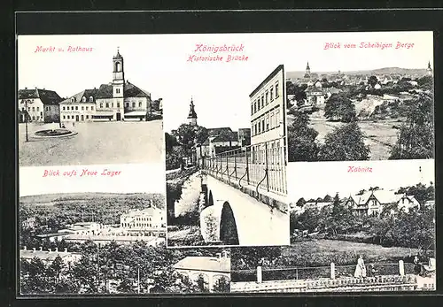 AK Königsbrück, Historische Brücke, Markt und Rathaus, Käbnitz