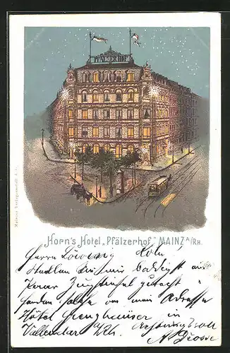 Künstler-AK Mainz, Horn's Hotel Pfälzerhof, Strassenbahn