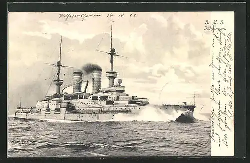 AK Kriegsschiff SMS Zähringen bei voller Fahrt