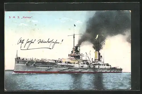 AK Kriegsschiff SMS Kaiser vor der Küste